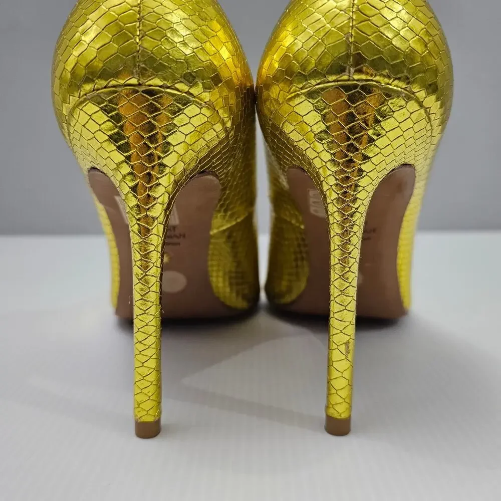 Stuart Weitzman Metallic Yellow Snakeskin Pointed-Toe Pumps - Picture 9 of 16